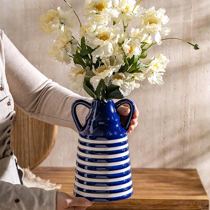 Ceramic Blue and White Checkered Stripes Vase with Handles, Modern Bohemian Floral Navy Blue Vases for Centerpieces, Cottage Core Home Decor, Flower Vases for Bouquet Tabletop Kitchen Bookshelf 8.9 In-VerdiqueGarden