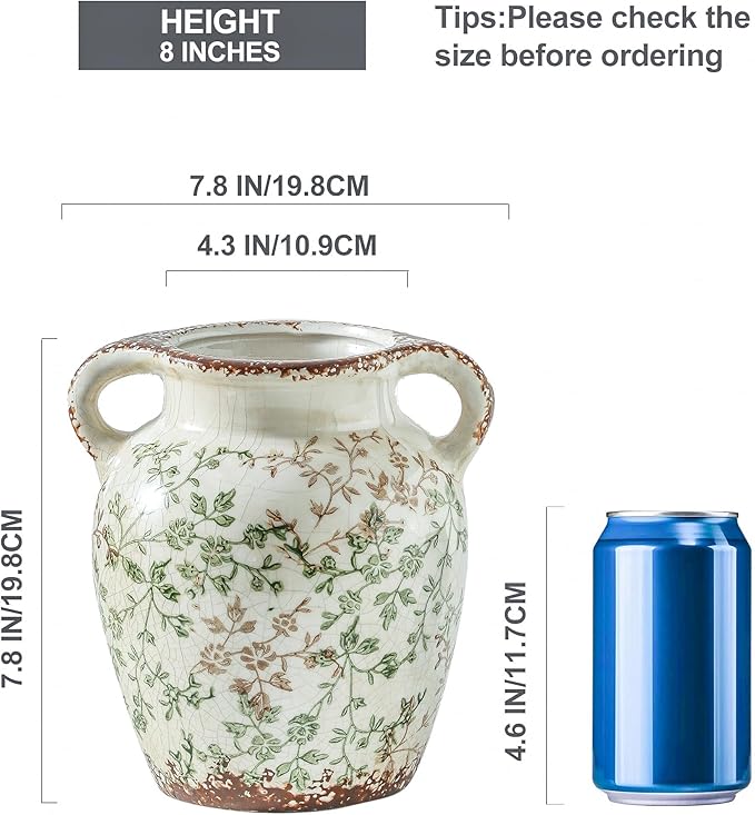 Enra Vintage vase,7.8 Inch Green and Beige Ceramic Decorative Flower vase, Chinoiserie Floral Vase,Large Rustic Vases for Home Decors, Living Room, Bookshelf, Office-VerdiqueGarden