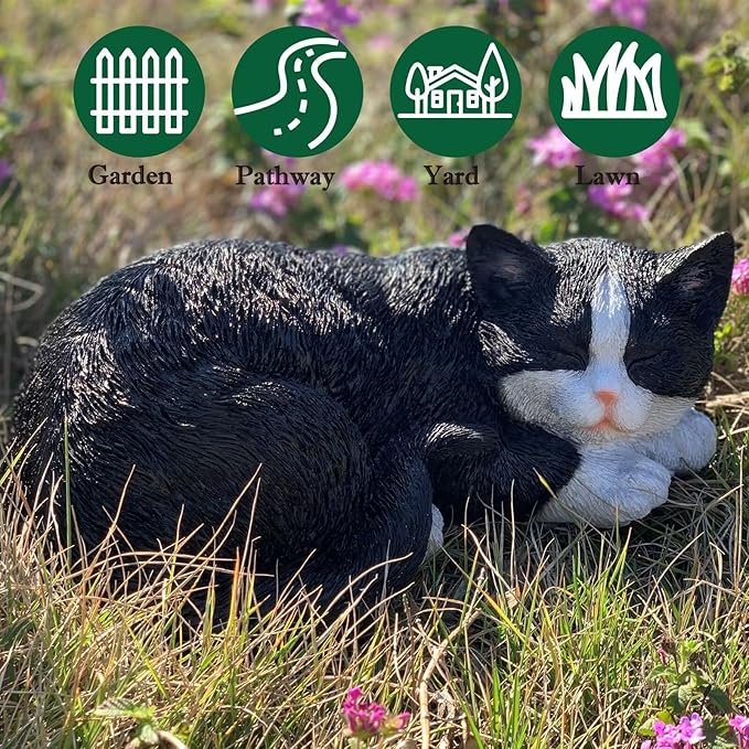 Cat Statue Outdoor Cat Figurines Garden Decor, Black Cat Statue Figurine Decor Sculpture for Patio, Yard, Sleeping Cat Statues for Indoor Table Accessory, Gift for Mom-VerdiqueGarden