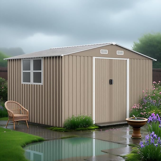 10FT x 8FT Metal Outdoor Storage Shed,Garden Sheds & Outdoor Storage w/Lockable Sliding Doors & Air Vent,Metal Shed for Backyard,Garden,Patio,Lawn-VerdiqueGarden