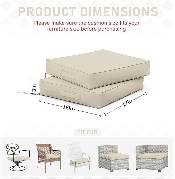 Patio Chair Cushions 17 X 16 X 3 Inch Waterproof Outdoor Seat Cushions for Patio Furniture, Outdoor Sofa Couch Pads with Ties & Handle, Set of 2, Cream-VerdiqueGarden