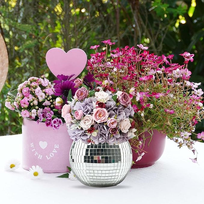 2 Pcs Disco Ball Vase, 5 x 6 Inch Mirrored Disco Ball Planters Perfect for Decorative Living Room, Bedroom, Dining Table, Wedding, Party, Birthday-VerdiqueGarden