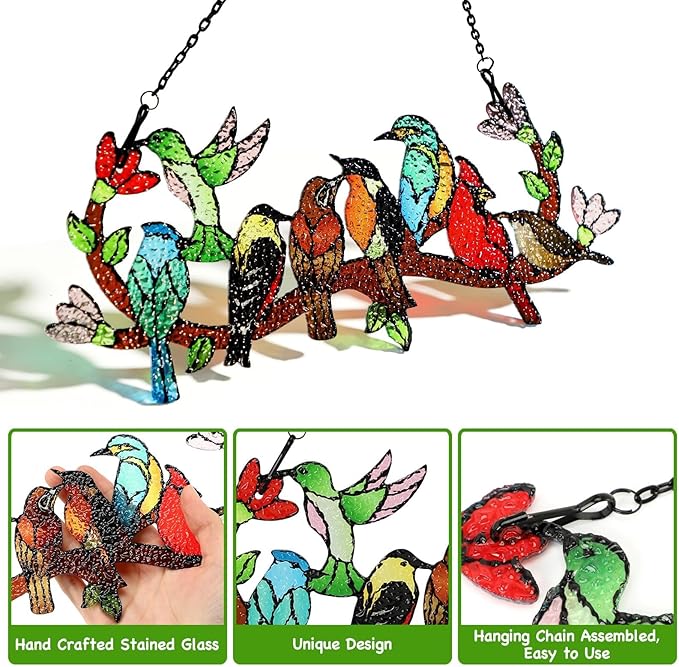 Huray Rayho Birds On Branch Stained Glass Suncatcher Cardinal Hummingbird Kingfisher Double Side Glass Panel Window Hanging Decor Bird Ornament Bird Lover Gift for Mom Grandma-VerdiqueGarden