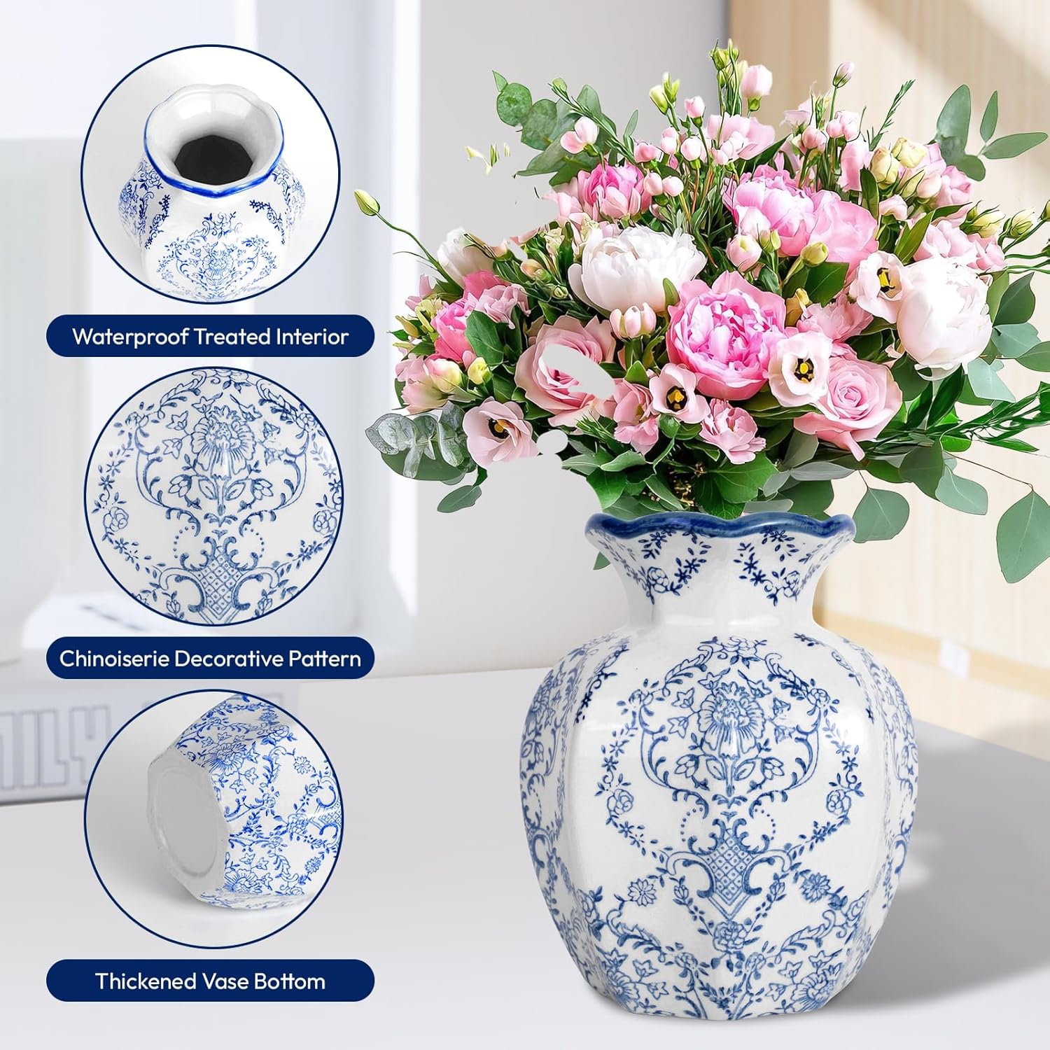 Chinoiserie Vase,Blue and White Vase,Vintage Ceramic Vases,Flower Vase for Centerpiece,Chinese Cute Vases for Living Room, Office,Home Decor (Blue White, Small)-VerdiqueGarden