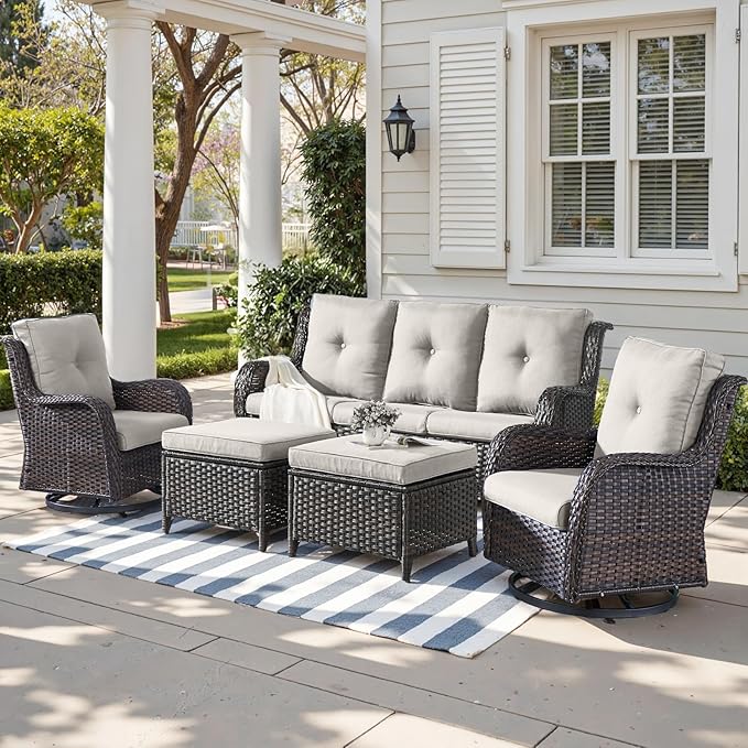Outdoor Wicker Patio Furniture Set - 5 Piece Rattan Patio Conversation Set with 2 Rocking Swivel Chairs,2 Ottomans and 1 Sofa for Porch Deck Backyard Garden(Brown/Beige)-VerdiqueGarden