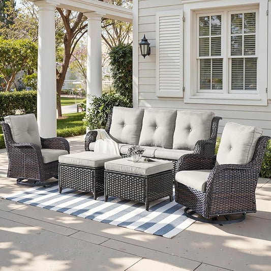 Outdoor Wicker Patio Furniture Set - 5 Piece Rattan Patio Conversation Set with 2 Rocking Swivel Chairs,2 Ottomans and 1 Sofa for Porch Deck Backyard Garden(Brown/Beige)-VerdiqueGarden