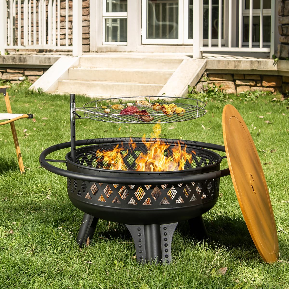 32 Inch Outdoor Fire Pit with Grill, Wood Burning Firepit for Outside with Lid/Fire Poker, Metal Round Fire Pit Table for Patio Backyard Garden Bonfire Party-VerdiqueGarden