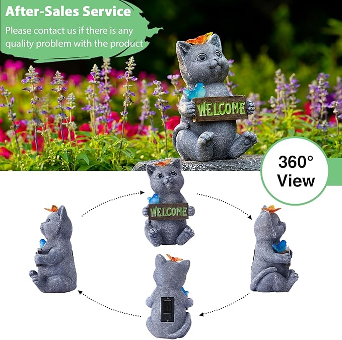 Goodeco Solar Cat with Welcome Sign - Outdoor Cat Statue with Solar Butterfly & Bird Lights - Perfect Cat Decor for Cat Lovers, Ideal Housewarming Gifts for Women & Moms (Gray)-VerdiqueGarden