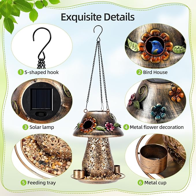 Mushroom Solar Bird Feeders for Outdoors Hanging Metal Wild Bird Feeder Garden Lantern with S Hook for Garden Decoration Brown-VerdiqueGarden