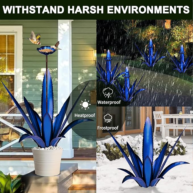 Upgraded Large Metal Yard Art, Metal Agave Plant Yard Decorations Outdoor Sculpture, Metal Flowers for Outside, Waterproof Outdoor Garden Decor (Blue+ Bird Feeder)-VerdiqueGarden