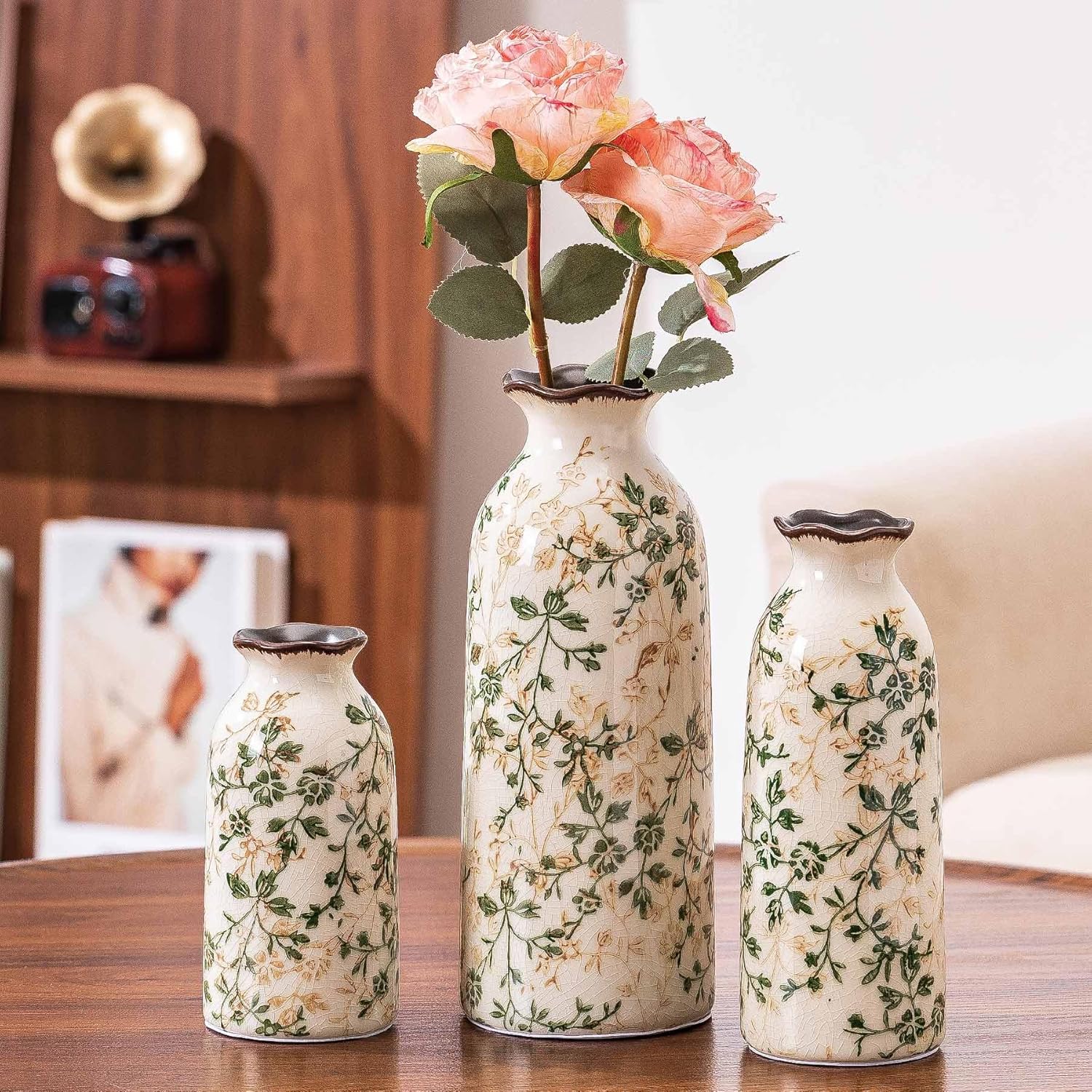 Ceramic Vase Set of 3, Vintage Green and Beige Vases Set, Flower Rustic Chinoiserie Vases Floral Grand Millennial Farmhouse Decor Vase for Home Decor, Living Room, Kitchen, Bedroom, Bookshelf-VerdiqueGarden