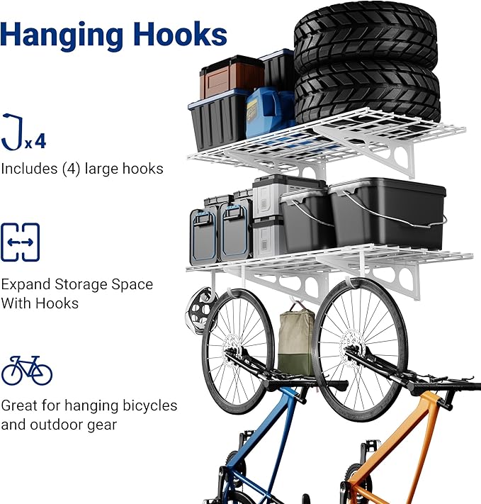 LEXIMOUNTS 2-Pack 2x4ft Garage Shelving with Hooks, 24-inch-by-48-inch Wall Shelf Garage Storage Racks Floating Shelves, White-VerdiqueGarden