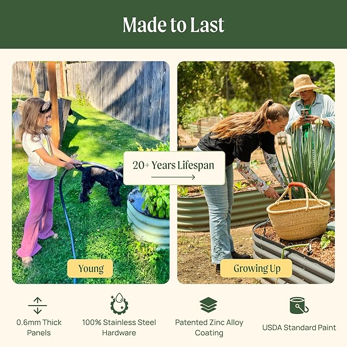 Vego garden 32" Extra Tall Raised Garden Bed Kits,4 in 1 Modular Raised Planter Box for Vegetables Flowers Fruits Oval Metal Raised Garden-Olive Green-VerdiqueGarden