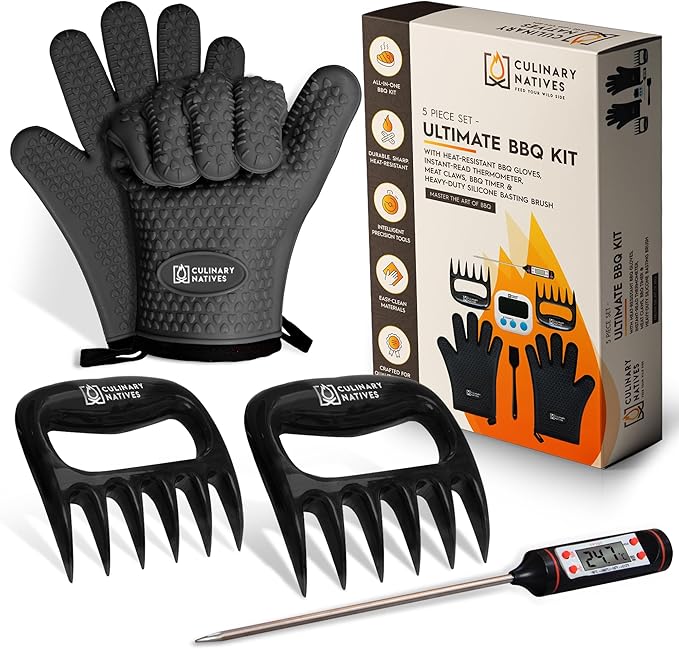 Meat Claws and Smoker Gloves | No.1 Heat Resistant BBQ Grill Gloves | Pulled Pork Claws | Thermometer | Silicone Oven Mitts & Razor-Edge Meat Shredders | Barbecue, Grilling, Smoking, Shredding (Black)-VerdiqueGarden
