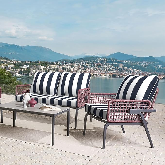 LVTXIII Outdoor Deep Seat Cushion Patio Seat and Back Cushion Set Seasonal Chair Cushion with Removable Cover and Adjustable Buckle for Home and Garden, 22"x22"x4", Cabana Navy-VerdiqueGarden