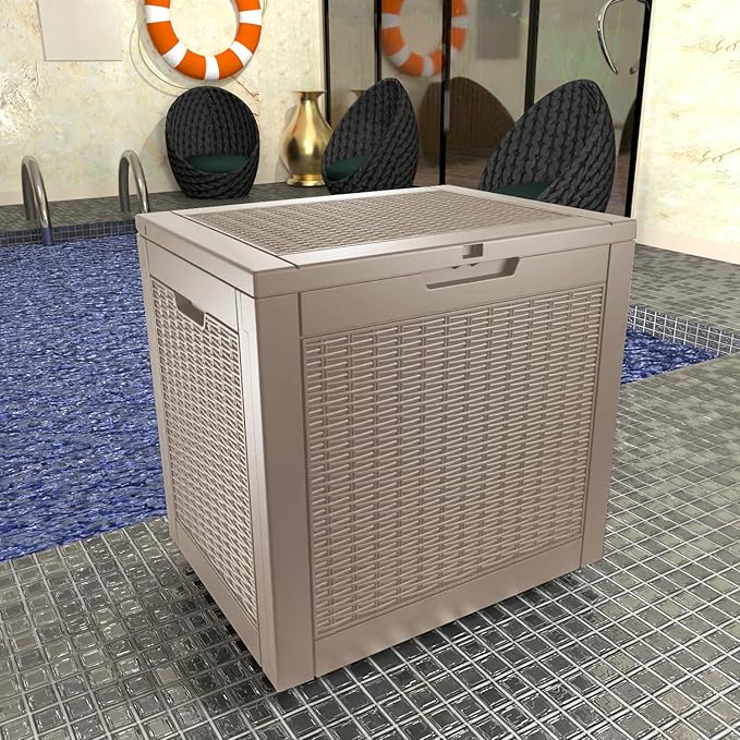 31 Gallon Outdoor Deck Box,Storage Lockable Waterproof Patio Furniture,Garden Tools,Cushions,Pool Accessories Outside Storage Resin Box(Grey)-VerdiqueGarden