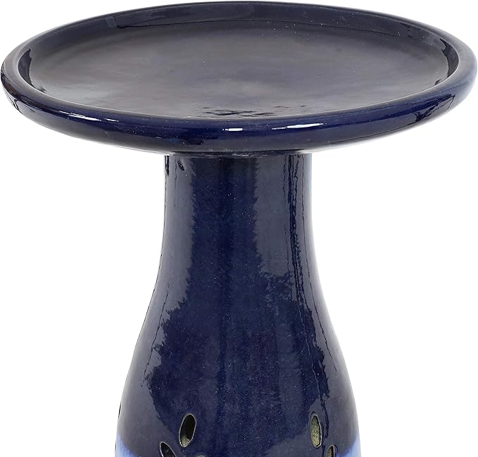 Sunnydaze 21" H Ceramic Bird Bath for Outside - Hand-Painted Outdoor Bird Bath Bowl, UV/Frost-Resistant Finish - Dark Blue - Cut Out Pedestal-VerdiqueGarden