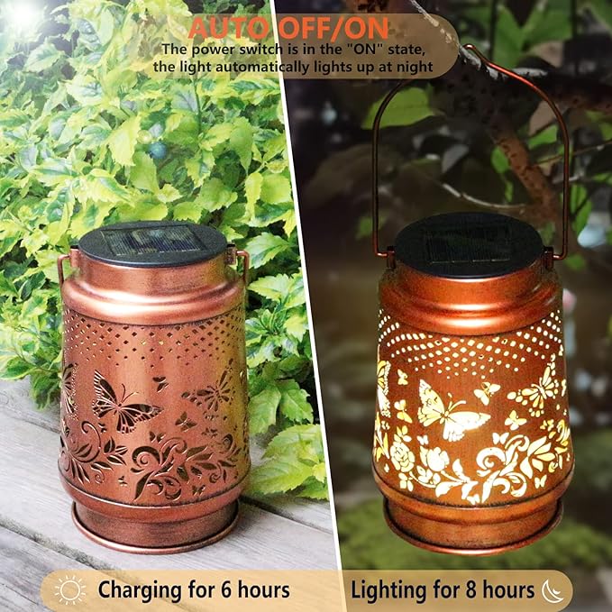 2 Pack Solar Butterfly Lanterns Outdoor Hanging Decor Lantern,Waterproof Hollow Out Retro Metal Decorative Garden Light,Graceful Decoration for Patio,Yard,Landscape,Festival-VerdiqueGarden