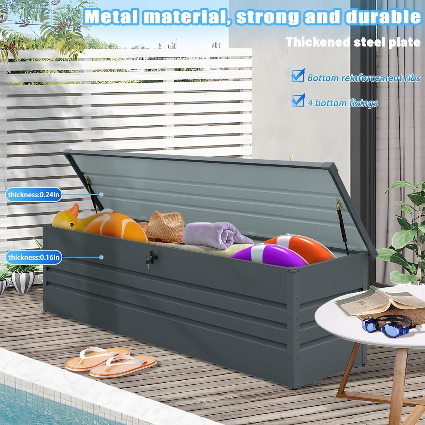 260 Gallon Waterproof Outdoor Storage Box, Extra Large Outside Metal Deck Storage Box for Patio Cushions, Garden Tools, Pool Supplies-VerdiqueGarden