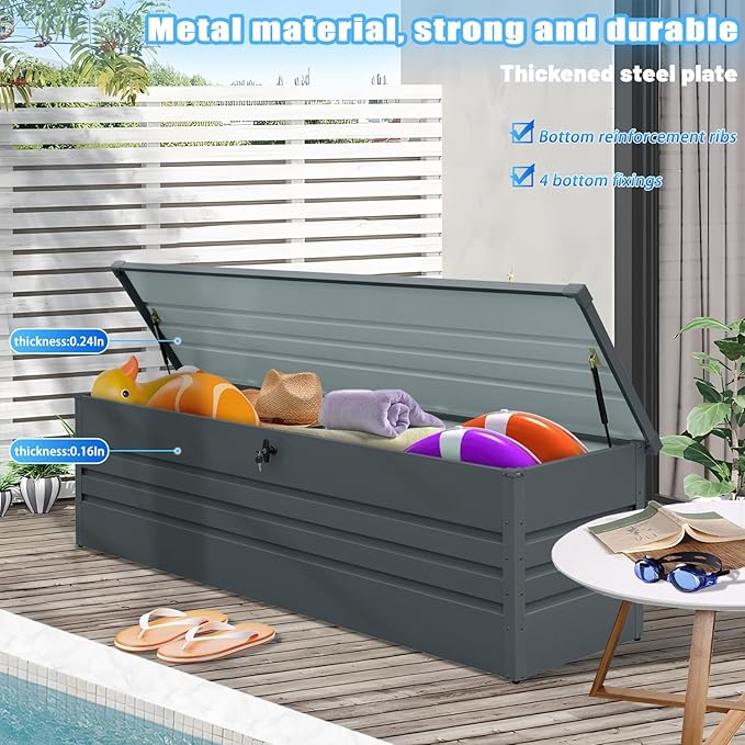 260 Gallon Outdoor Storage Box Waterproof, Extra Large Metal Deck Box and Patio Cushion Box for Storing Gardening Tools, Pool Supplies-VerdiqueGarden