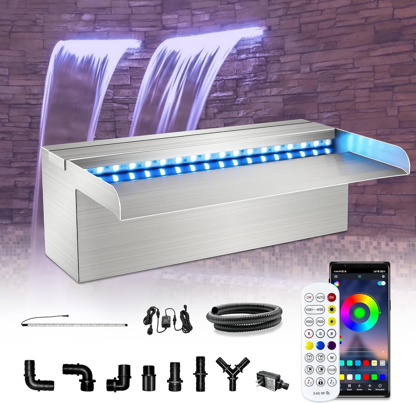 LONGRUN Waterfall Pool Fountain, Updated 5.9'' Wider Open Lip Stainless Steel Waterfall Spillway, Decorative Water Feature for Swimming Pools, Koi Ponds, Spa & Garden - 11.8''-VerdiqueGarden