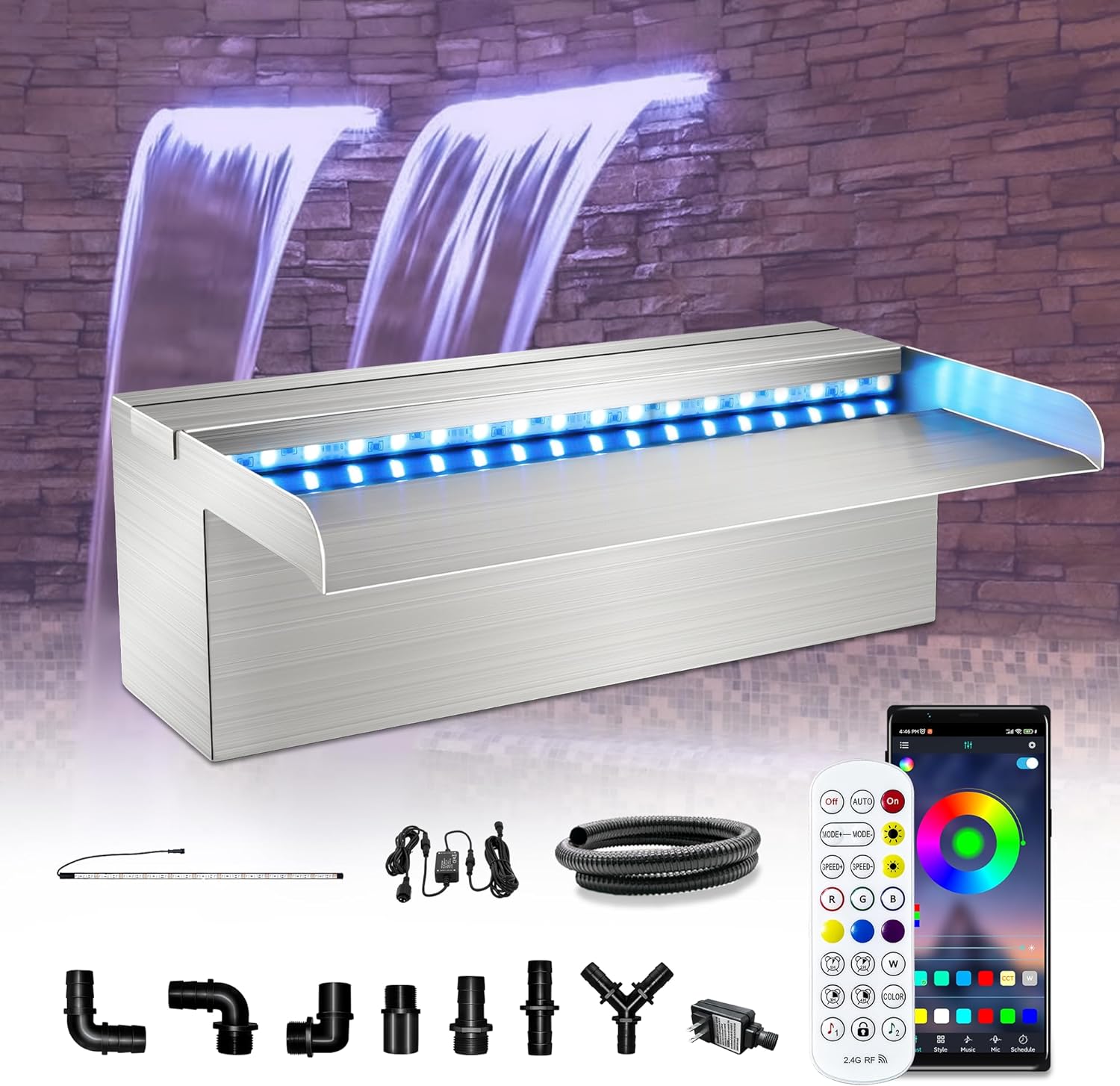 LONGRUN Waterfall Pool Fountain, Updated 5.9'' Wider Open Lip Stainless Steel Waterfall Spillway, Decorative Water Feature for Swimming Pools, Koi Ponds, Spa & Garden - 11.8''-VerdiqueGarden