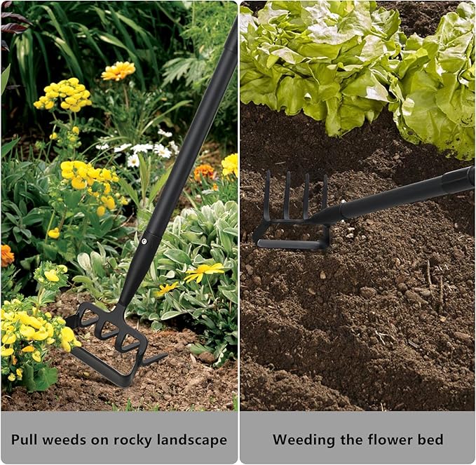 Hoe Garden Tools, 37-49 Inch Gardening Tools for Weeding, Stirrup Hoe Long Handle for Yard Weed Puller, Scuffle Hula Adjustable Weeding Loop Hoe for Lawn, Vegetable, Soil, Planting Black-VerdiqueGarden