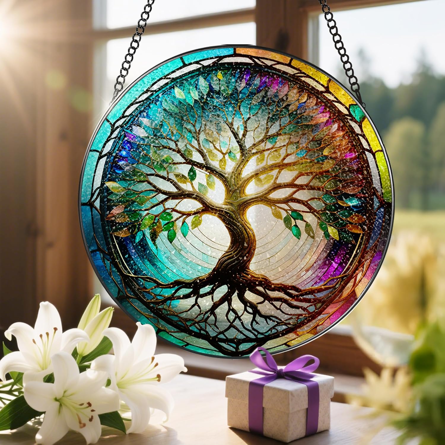 Stained Glass Window Hanging, LAOWEIKI 8'' Tree of Life Suncatcher, Stained Glass Ornament, Suncatchers for Windows Hanging, Window Decor, Outdoor or Indoor, Gifts for Mom, Grandma, Wife, Family-VerdiqueGarden