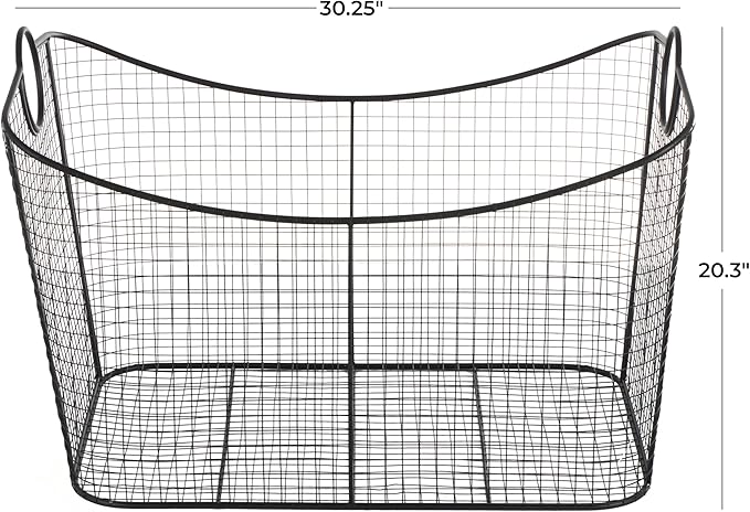 Deco 79 Metal Large Open Frame Wire Grid Storage Basket with Curved Sides and Ring Handles, 30" x 20" x 20", Black-VerdiqueGarden