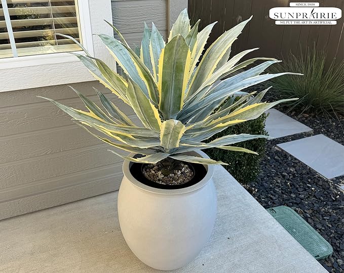 SUNPRAIRIE 32 Inch Tall Large Faux Agave Plant with Two-Tone Sawtooth Edged Leaves; Planted in Black Pot with Real Stone Pebbles. Large Artificial Plants Indoor and Outdoor.-VerdiqueGarden