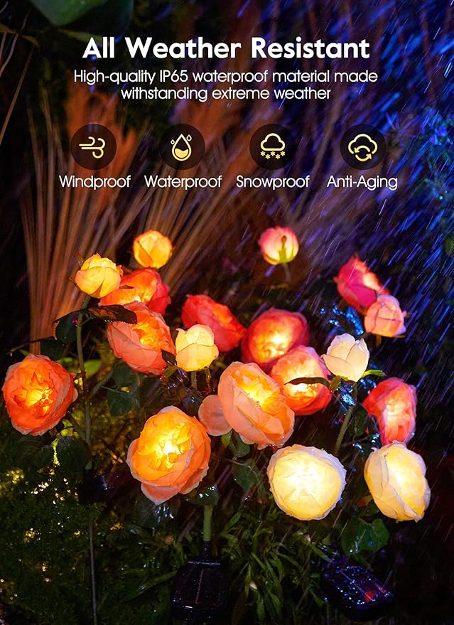 Brightown Solar Garden Lights - 4 Pack Solar Flowers Lights with Larger & More Realistic Austin Rose, Bigger Solar Panel, Solar Lights for Outside Waterproof for Yard Patio Garden Decoration-VerdiqueGarden