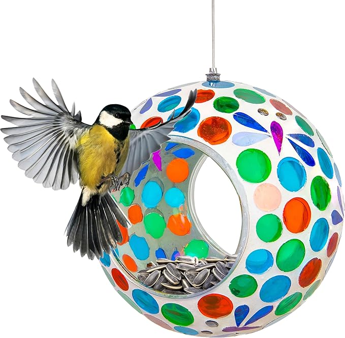 Sunnydaze 6-Inch Glass Mosaic Hanging Bird Feeder for Outdoors - Fly-Through Wild Bird Feeder - Dragonfly Dreams-VerdiqueGarden