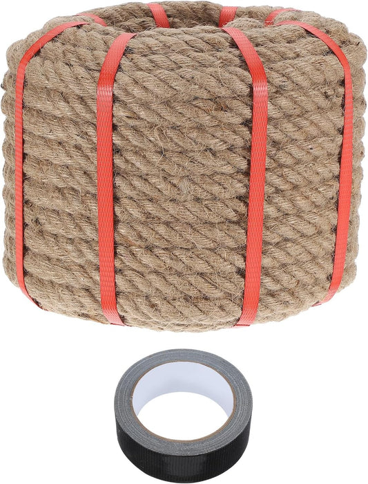 MECCANIXITY Jute Rope 0.55 Inch x 85ft, Thick Twine Rope Ropes Braided Jute Twine Natural Brown Burlap Cord String Heavy Twisted with Tape for Decorative Crafts Railing Swing Tug of War-VerdiqueGarden