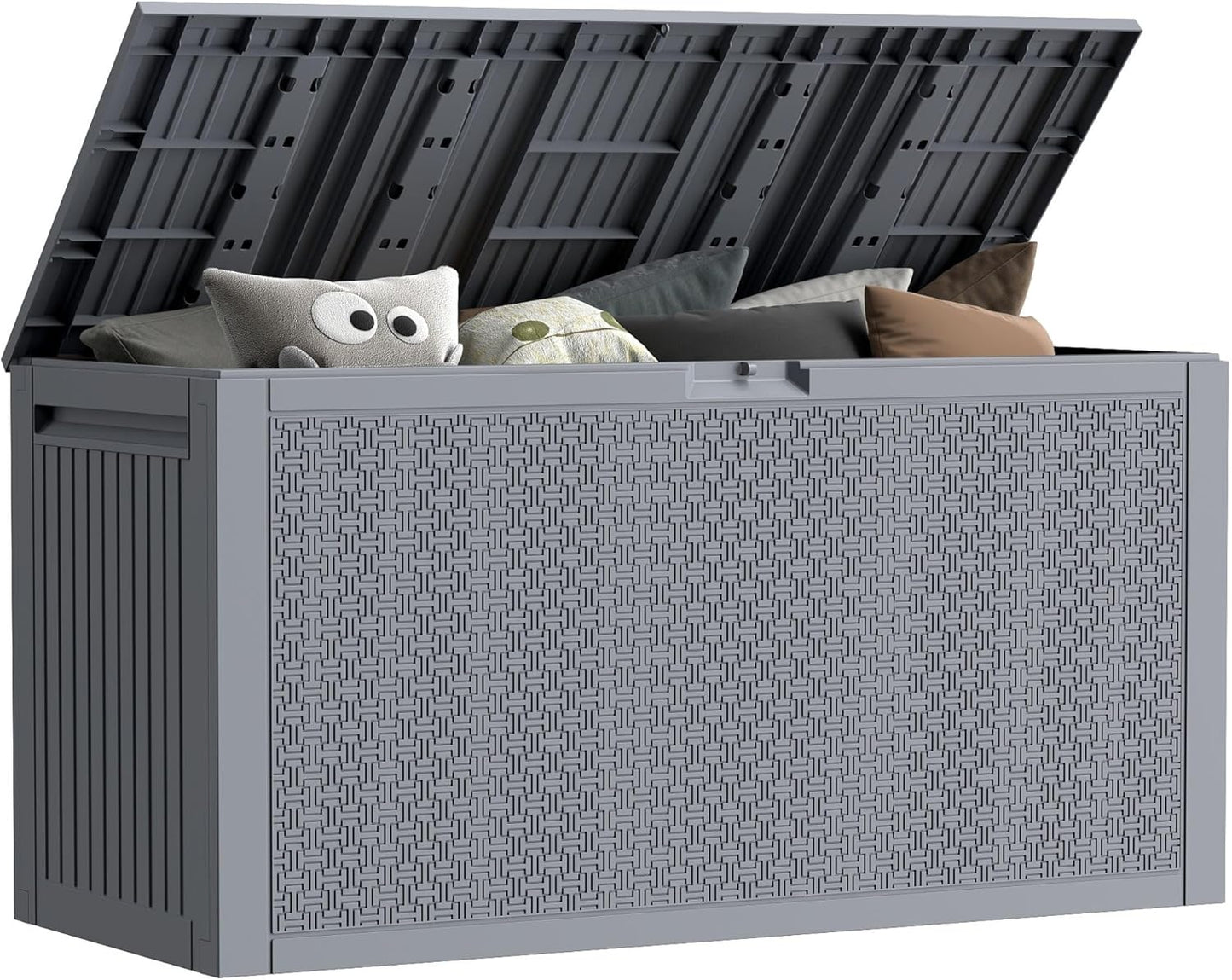 90 Gallon Outdoor Storage Box, Lockable Package Outside Storage Box Waterproof, Patio Cushions Deck Storage Boxes, Rattan Plastic Garden Hose Containers Resin Pool Storage Bins with lids, Grey-VerdiqueGarden