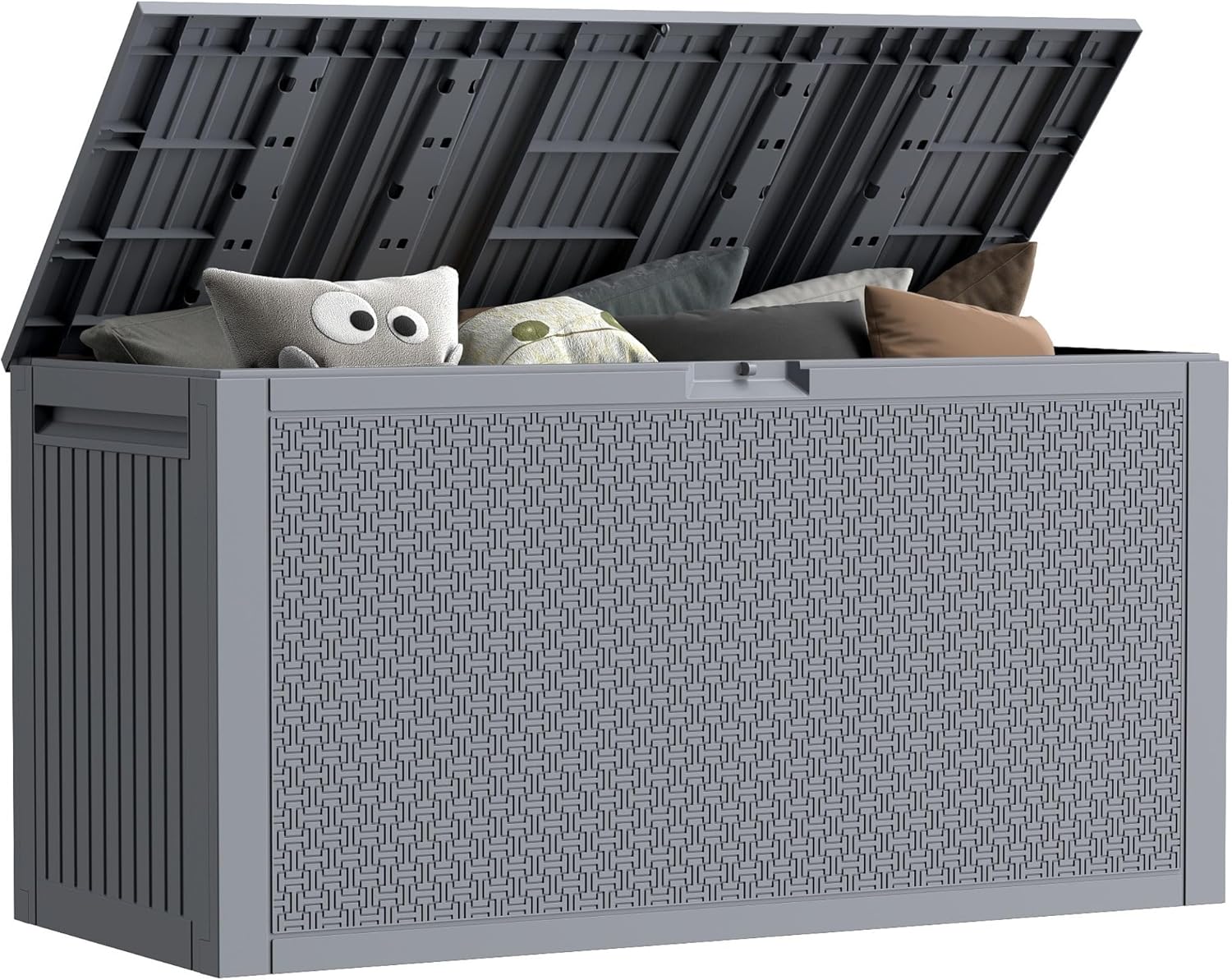 90 Gallon Outdoor Storage Box, Lockable Package Outside Storage Box Waterproof, Patio Cushions Deck Storage Boxes, Rattan Plastic Garden Hose Containers Resin Pool Storage Bins with lids, Grey-VerdiqueGarden