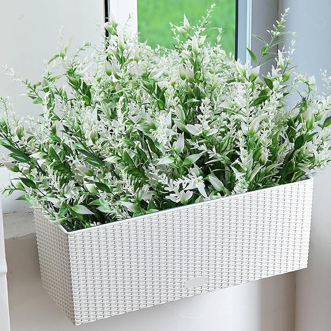 8 Pack Artificial Plants Flowers Grass Shrubs No Fade Faux Plastic Flowers Outdoor for Vases Farmhouse Garden Porch Patio Office Indoor Wedding Decoration Greenery Fake Plants (5#White)-VerdiqueGarden