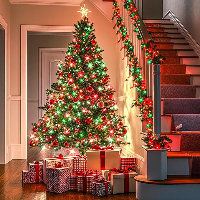 JMEXSUSS Connectable Red and Green Christmas Lights, 8 Modes 100 LED Twinkle String Lights Indoor, Clear Wire Plug-in String Lights Outdoor Waterproof-VerdiqueGarden