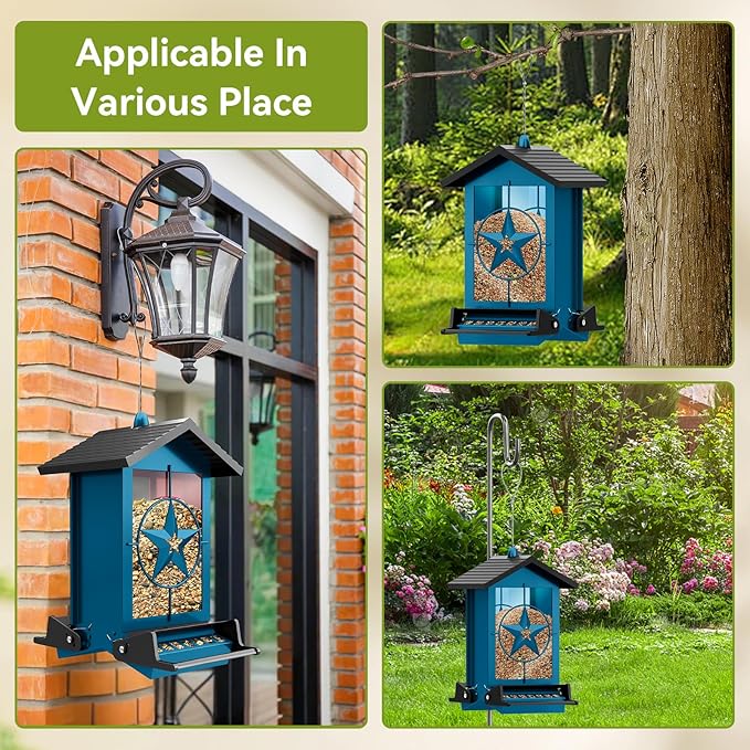 Squirrel Proof Bird Feeder for Outdoors Hanging, Metal Wild Bird Seed Feeder with Bilateral Weight-Activated Perches, 5LB Large Capacity Wild Bird Feeders for Outside Finch, Cardinal, Blue Jay-VerdiqueGarden