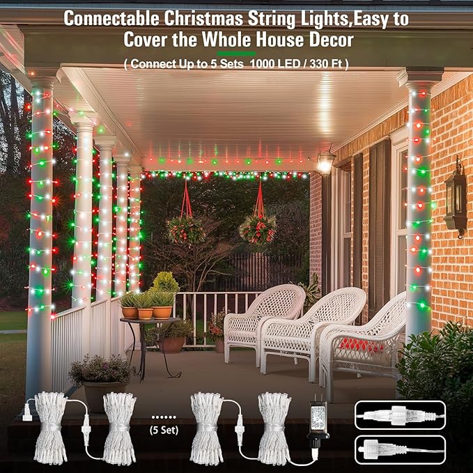 JMEXSUSS 200 LED Red White and Green Christmas Lights Outdoor, 66ft String Lights Indoor Clear Wire, Christmas Tree Lights Plug in for Bedroom Tree Christmas Party Decorations-VerdiqueGarden