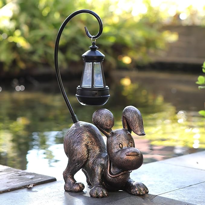 Laughing Dog Figurine with Solar-Powered LED Light 15.9 Inches Tall Antique Bronze, Perfect for Gift Garden Decor or Housewarming for Dog Lovers-VerdiqueGarden