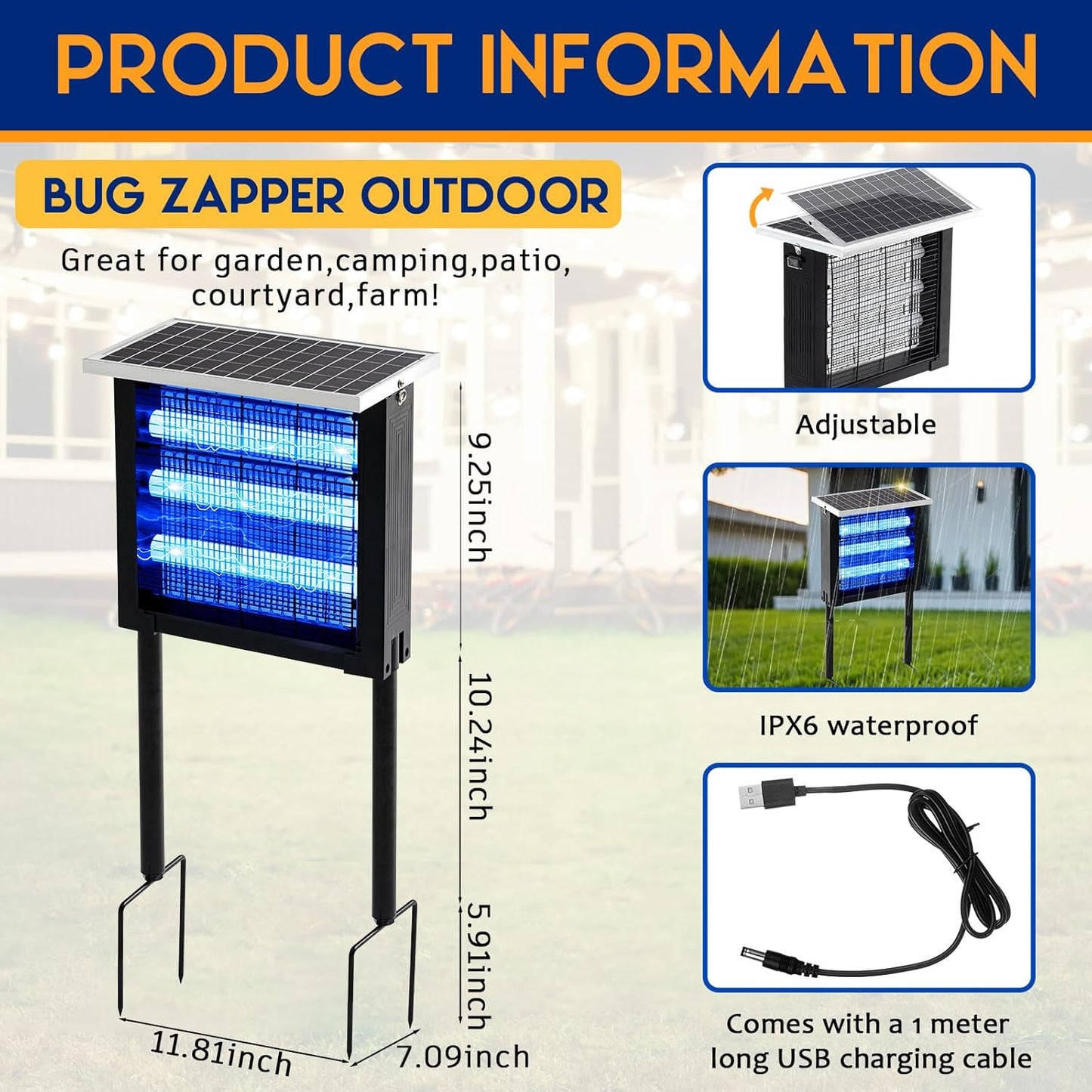 Qualirey 1 Pcs Solar Bug Zapper Outdoor Waterproof Mosquito Zapper with 3000v High Powered Rechargeable Electric Mosquito Killer with Grounding Bracket Fly Insect Trap for Patio Garden-VerdiqueGarden