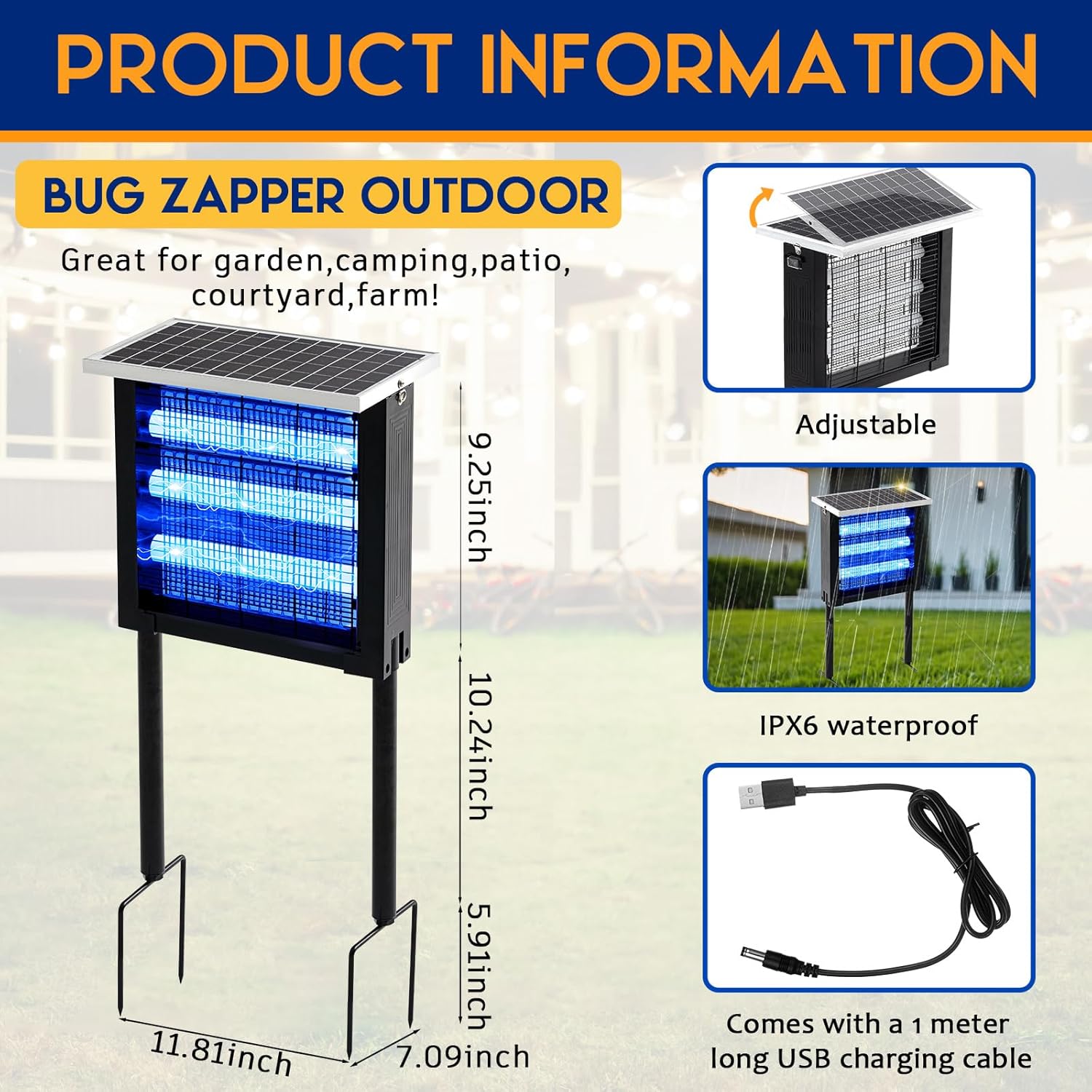 Qualirey 1 Pcs Solar Bug Zapper Outdoor Waterproof Mosquito Zapper with 3000v High Powered Rechargeable Electric Mosquito Killer with Grounding Bracket Fly Insect Trap for Patio Garden-VerdiqueGarden