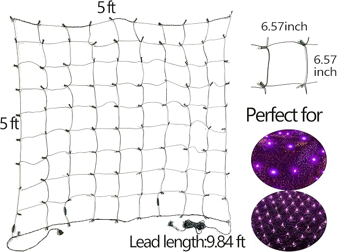 HISHINY Halloween Lights Outdoor,100LED 5ftx5ft Purple Net Lights with Connectable, Waterproof,UL Certified and Durable Green Wire Design for Bushes,Trees, Outdoor Indoor Party Decorations(Purple)-VerdiqueGarden