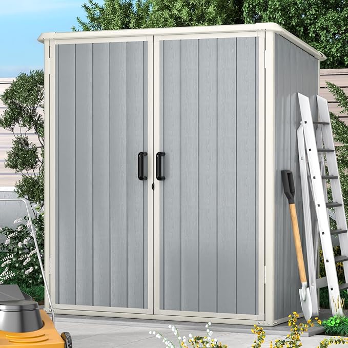 Aoxun Outdoor Storage Shed 5 x 3FT, Resin Shed with Floor and Lockable Door, Plastic Sheds for Garbage Can, Tool, Accessories, Lawn, Garden - Grey-VerdiqueGarden
