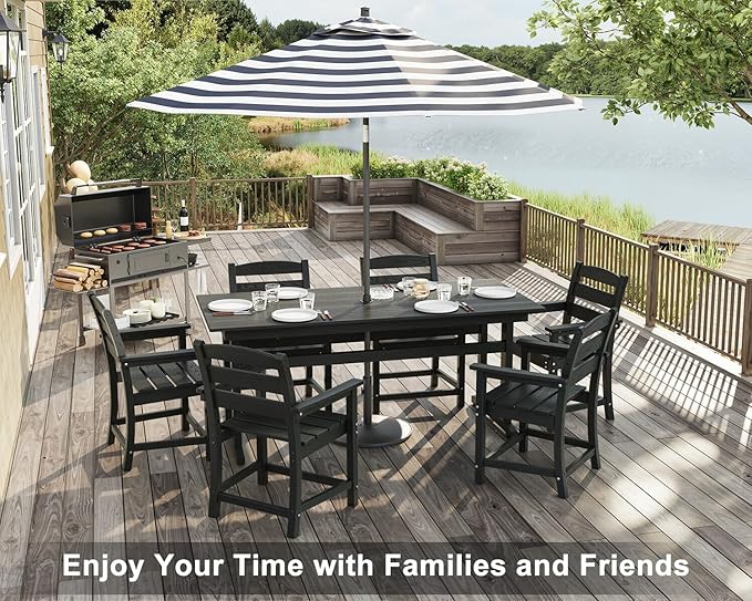 7pcs Outdoor Dining Set, HDPE Patio Dining Set for 6, All-Weather Outdoor Table and Chairs with Umbrella Hole & Adjustable Pads, Modern Patio Furniture Set for Backyard, Poolside &Lawn (Black)-VerdiqueGarden