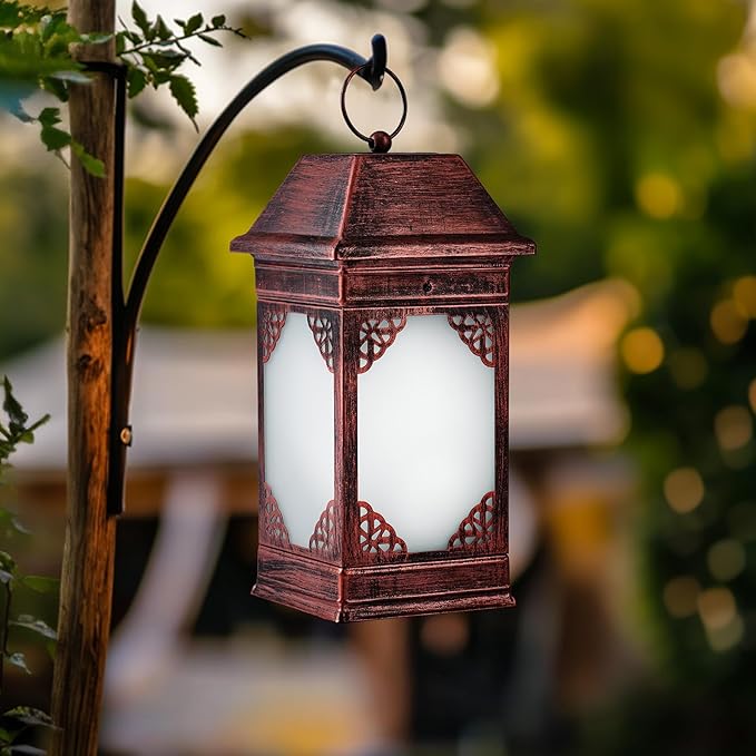 14" Solar Lanterns Outdoor Waterproof, Glass Flickering Flame Solar Lantern, Hanging Metal Lantern Decorative for Patio Front Porch Garden Backyard Tabletop Party Decoration-VerdiqueGarden