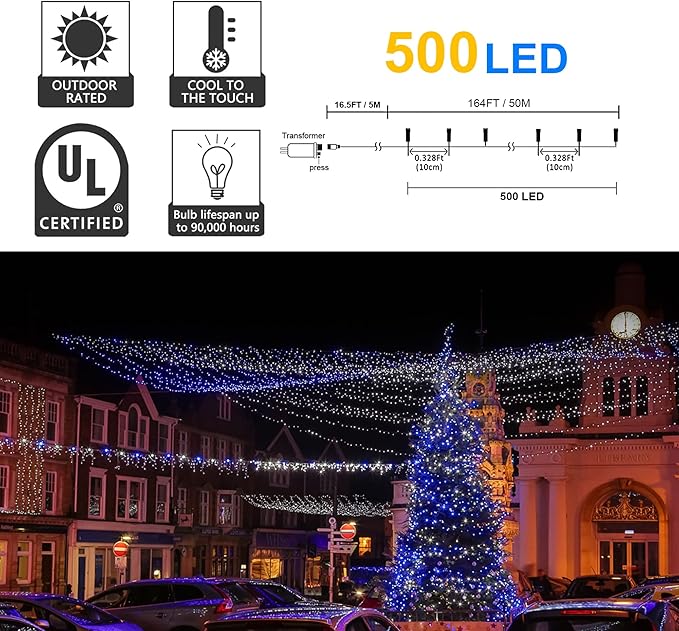 164ft 500 LED Blue White Christmas Lights Outdoor,8 Modes String Light Indoor Bedroom,Clear Wire Twinkle Lights Plug in for Christmas Outside Tree Yard Wedding Decorations(164FT,Blue&White)-VerdiqueGarden
