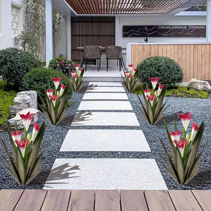 Homight Metal Agave Plant Outdoor Decoration Outdoor Garden Decoration Lily Mexican Yard Art Plant Garden Agave Lily Decorative Garden Gift (3 Big Red Lilies), HM-390-345-VerdiqueGarden