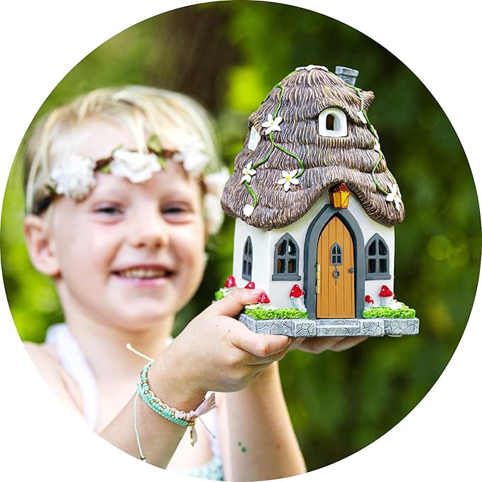 WILD PIXY Fairy Garden House - Glow in The Dark Fairy Cottage with Opening Door and Solar LED Light, Beautiful Miniature Garden Decoration for Indoor or Outdoor Fairy Gardens - 7.1" Fairy House-VerdiqueGarden