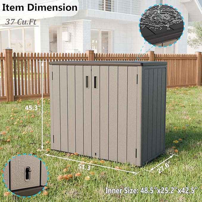 HOMSPARK 37 Cu.Ft Outdoor Storage Shed Weather Resistant, Multi Functional | Double-Wall Resin Storage Sheds & Outdoor Storage Box Waterproof for Backyard Garden Patio Lawn (Shallow Coffee)-VerdiqueGarden